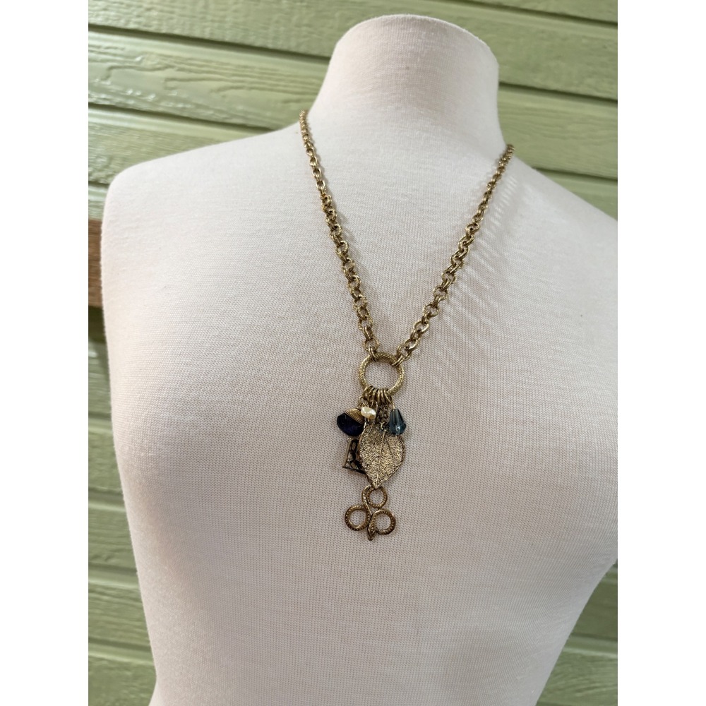 Brass Multi Charm Snake Leaf Necklace Leaf Lion Crest Beads Whimsigoth